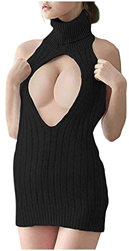Huttam Robe Sexy Femme Coquine Érotique Ouverte Pull Col Roulé Sans Manches Mini Moulante Courte Soirée Club Libertin Wetlook Clubwear Dos Nu (Noir, Taille Unique)