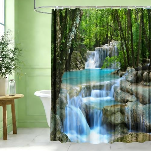 wiipara Duschvorhang 180x200 cm, Wasserfall & Natur Shower Curtains, Grün | Schimmelresistent & Waschbar, Wasserabweisender Textil-Badevorhang, Badewannenvorhang, Modern Duschvorhänge Inkl. 12 Ringe