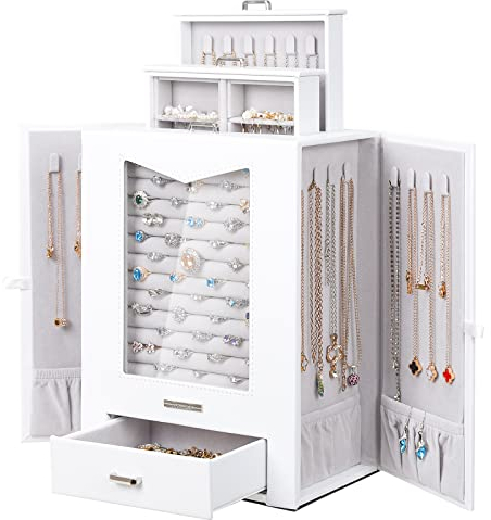 Homde Schmuckkästchen mit echtem Glasfenster Halsketten Haken Schmuckkasten Schmuckschrank für Halsketten Ringe Ohrringe Armbänder, Geschenk für Frauen, Weiß