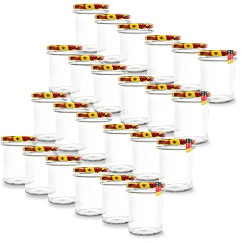 Flaschenbauer 24er Set Marmeladengläser 230ml - Sturzgläser & Einmachgläser, vielseitig einsetzbar, inklusive Etiketten, wahlweise farbige Twist-Off Deckel TO66 - ideal für Suppen, Dips [Obstdekor]