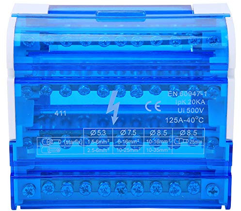 4-Stufig DIN Rail Klemmenblock 125A 500V | Verteilerklemme mit transparentem Staubschutz, Messinggehäuse 94V-2 flammhemmend