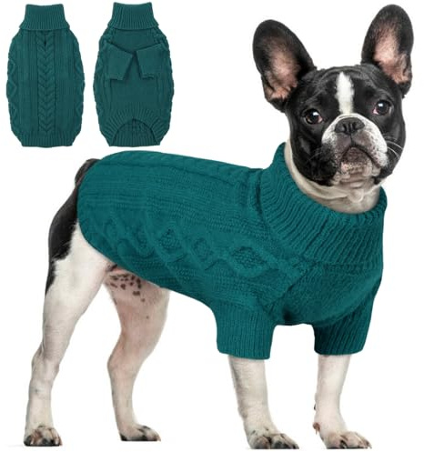 Hjumarayan Hundepullover mit Geschirröffnung – Warmer Strick Hundepulli für kalte Wintertage, Bequeme Hundekleidung für kleine bis große Hunde, weicher Winterpullover gegen Kälte (Pfauengrün L)