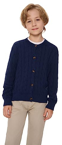 SMILING PINKER Mädchen Aran Strickjacke Jungen Kinder Gestrickt Rundhals Baumwolle Grobe Pullover Jacke mit Knopf(Marine,8-9Jahre)
