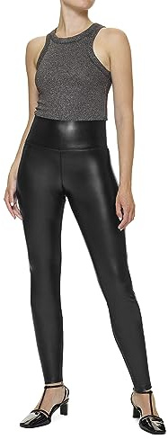 HUE Women's Faux Leather Legging with Tummy Control, Black - Skinny Leg, X-Large