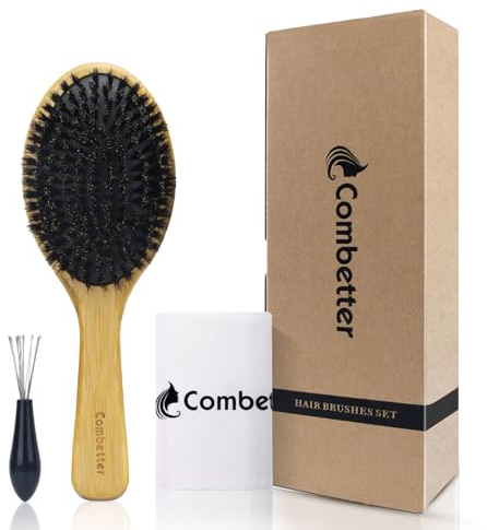 Combetter 100% Boar Bristle Hair Brush, Eco-Friendly Hairbrush for Women Men & Kids, Hair Smoothing and Massaging Detangling, Enhance Shine & Health, Professional Hair Brush for All Hair Types
