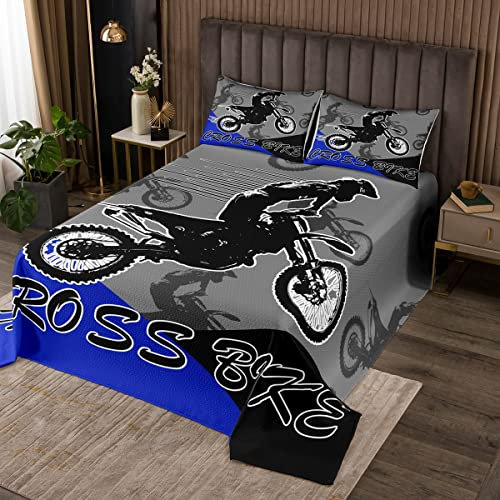 Juego de colcha acolchada para bicicleta de cross, juego de colcha deportiva extrema, juego de edredón para motociclista, colección de ropa de cama azul para niños, niñas, adultos, tamaño King