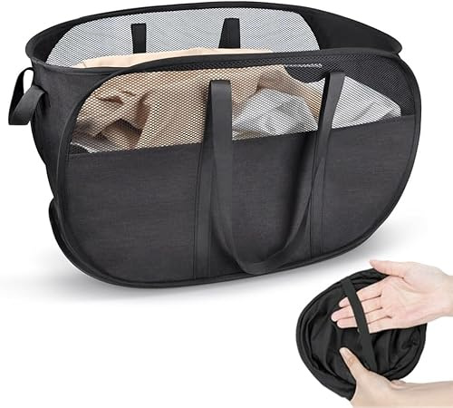 HONZUEN Cesto Portabiancheria,Cesto Biancheria Sporca Grande 70L,Cesta Panni Sporchi Salvaspazio per Bagno Camera, Pieghevole Cestino Bucato Pop-Up in Rete con Manici, Porta Panni Sporchi, Nero
