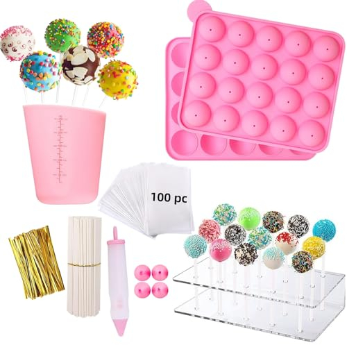 FUOBECIE Cake Pop Making Tools, Kids Baking Set Contains Cake Pop Mould, Cake Pop Stand, Piping Pen, 100pc Cake Sticks and Bags, Fun Candy Baking Gifts for Girl, Pretend Teacher Set for Kids Age 3-8