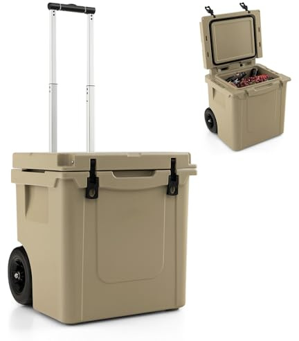 GYMAX Nevera Portátil de 43 litros, con Ruedas y Asa Ajustable, Contenedor Refrigerador de hasta 100 kg, Fácil de Transportar, Mini Nevera para Camping, Pesca y Viajes
