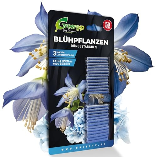 Greenyp 100x Blühpflanzen Düngestäbchen für alle Zimmerpflanzen, Balkonpflanzen und Kübelpflanzen I Universal NPK Blumendünger I Langzeitdünger mit Extra Eisen und 3 Monate Düngekraft