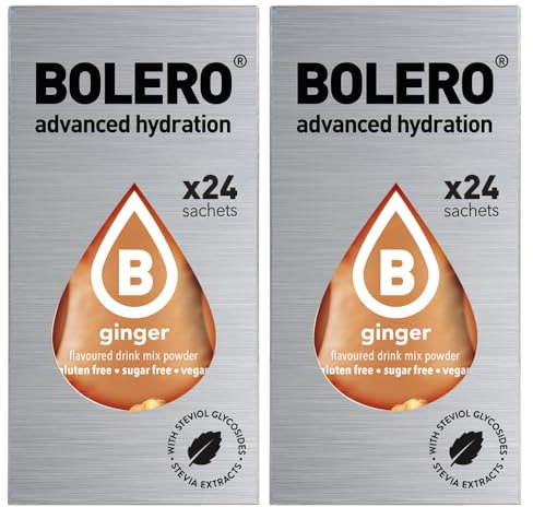 Set Bolero Drink da 48 Bustine 3 grammi Ginger (zenzero) 3 gr Gusti Diversi alla Frutta Preparato Polvere Solubile Bevanda Fresca in Acqua,144 grammi dolcificato stevia,0.14 kg