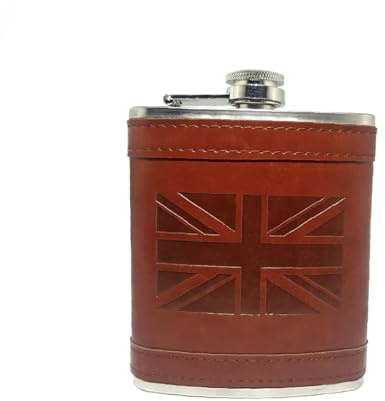 Flasque Union Jack en cuir marron – Élégant souvenir de Londres en acier inoxydable avec couvercle en cuir, 200 ml – Cadeau britannique