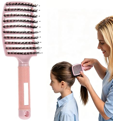 Pop Magic Detangling Hair Brush for Women and Kids, Detangle Boar Bristle Paddle Hair Brush Detangler for Blow Drying, Wet Hair, Long, Thick, Curly (Light Pink)
