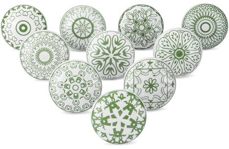 Ajuny Lot de 10 Boutons de Meuble en Céramique Vert et Blanc – Poignées Imprimées Fait Main pour Armoires de Cuisine, Placards de Salle de Bain, Tiroirs & Commode – Poignées Décoratives