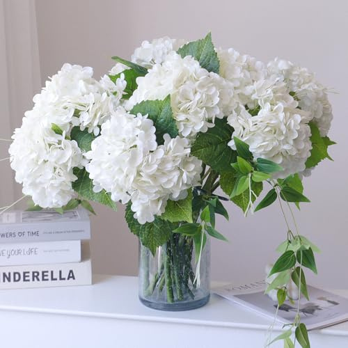 Buart 2PCS Long Stem Big Size Flowers Artificial Silk Hydrangea Lifelike Flowers Real Touch White Artificial Flowers Wedding Shower Bride Bouquets Office Living Room Table Decorations (21 Inch)