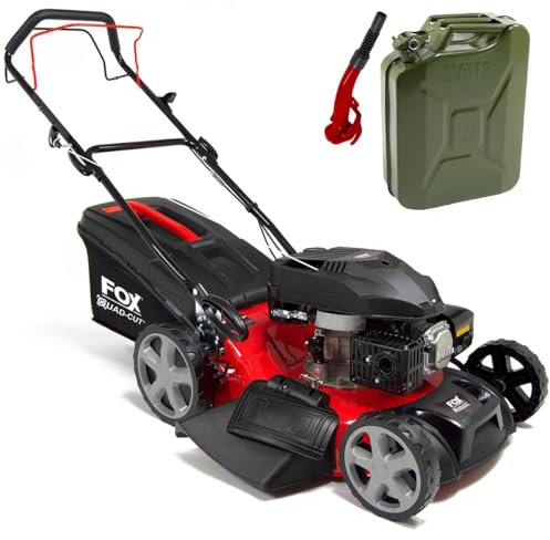 18 / 46cm Petrol Lawn Mower Self-Propelled Recoil Fox 4 Blades 139cc 60L Bag 18 inch Lawnmower + Green 20L Metal Jerry Can & Spout - 2 Years Warranty