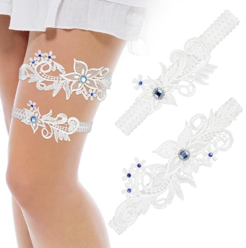 Hebterrka 2 piezas ligas de boda para la novia, liga de encaje blanco, ligas florales con diamantes de imitación azul, juego de ligas de boda para novias y mujeres
