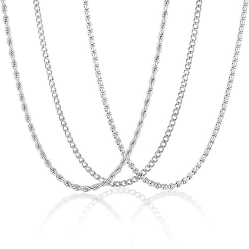 3 Stücke Kette Herren 316L Halskette Herren Geschenke für Männer Junge | Silber Gold Schwarz Edelstahlkette Panzerkette Chain Kordelkette Cuban Chain Breit 2/3/4/5/6mm Lange 45/50/55/60cm