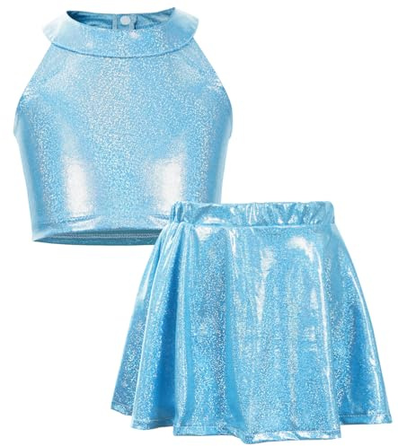 AIEOE Ragazze Scintillanti due Pezzi Abbigliamento Danza Top Senza Maniche + Gonna Danza Hip Hop Jazz Dancewear Blu 6-9 Anni