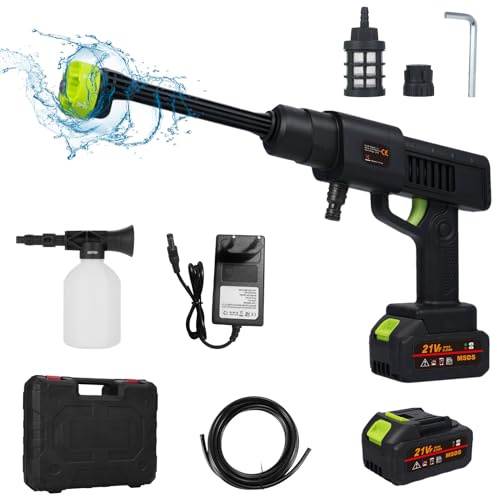 Shkalacar 21V Pistola Agua Presion Bateria, Hidrolimpiadora de Bateria con 1 O 2 Baterías, Boquilla 6 en 1 Limpiadora Portátil Cañón de Espuma, Cargador para Riego, Limpieza, Lavado de Autos
