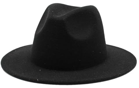 Brett brätte Fedora-hattar kvinnor män filt topp hatt enfärgad fest bröllop formell panamakeps, Svart, L