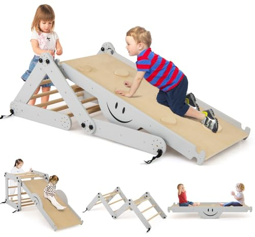 RELAX4LIFE 5 en 1 Juego de Escalada Niños con Rampa Reversible y Balancín, Juguetes Montessori Plegable de Madera, Parque Infantil Montessori Ajustable para Niños 3+ Años (Gris)