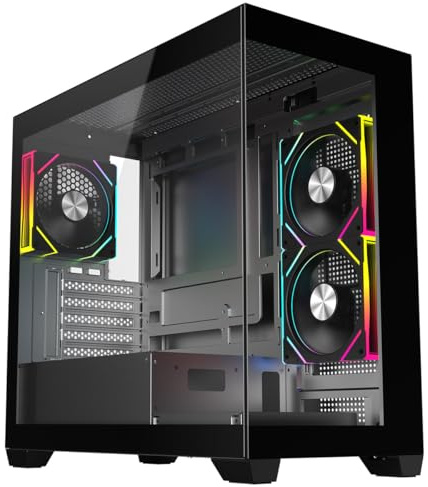 CiT Mercury Gaming PC Case, Micro ATX PC Case with 3 ARGB PWM Fans, Black | Panoramic dual tempered glass computer case with 3 PWM ARGB fans included, a 9 port fan hub and 360mm radiator support