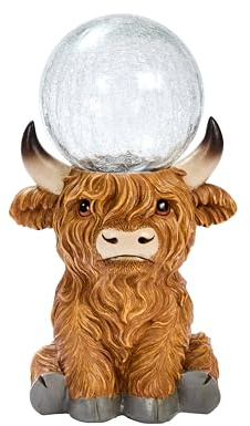 Highland Cow Solar Garden Ornament with LED Crackle Glass Ball, Color Changing, 36cm Height