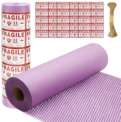 Honeycomb Packing Paper PINENUTS 15 x 131' Eco Friendly Packing Paper for Moving Recyclable Honeycomb Paper Bubble Paper Wrapping with 30 Fragile Sticker Labels and 66fthemp rope (Light purple)