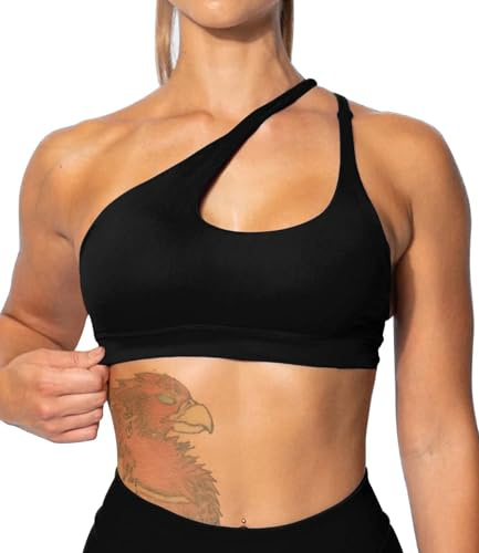 TZLDN Sport BH Damen One Shoulder Oberteil RückenfreiesSporttop Top Sports Bustier Sportoberteil Yoga Gym Kleidung Schwarz S