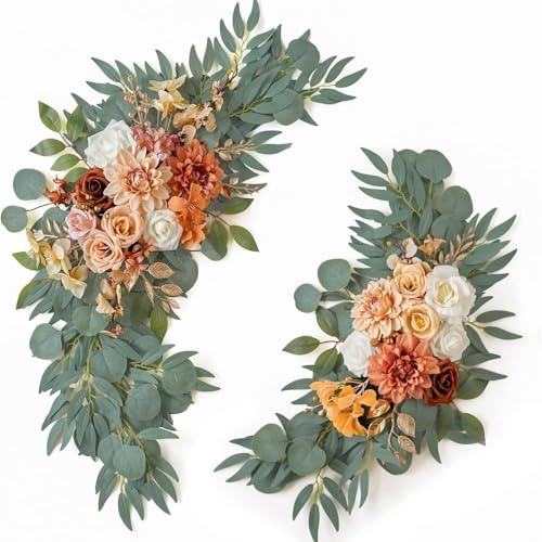 Xiyocadt Künstliches Hochzeitsbogen Blumen Set, künstliche Rosen Blumen Swag, Dekorative Girlande mit Rosen Pfingstrose, Eukalyptus Blättern, künstliche Blumen Girlande mit Bändern (Brandorange)