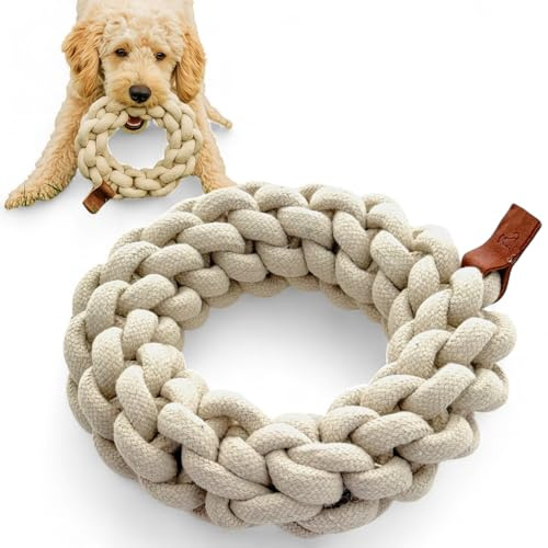 MIJOMA Cotton Tug Ring Dog Toy - Heavy Duty Round Woven 18cm Dental & Durable Dog Toy for Large & Small Dogs
