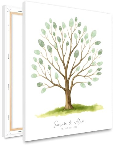 HEI Print Personalisierte Fingerabdruck Leinwand, Baum mit Namen & Datum, Hochzeitsbaum Gästebuch Alternative zur Hochzeit Geschenk für das Brautpaar, Hochzeitsdekoration, ohne Farben, 30×40 cm
