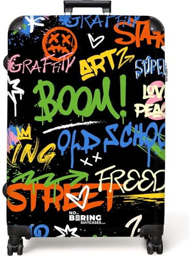 NoBoringSuitcases© Koffer Groß Reisekoffer 4 Rollen Leicht Kindertrolley | 77x51.5x28 cm - XXL Reise Hartschalenkoffer Suitcase Large Street Art - Text - Bunt