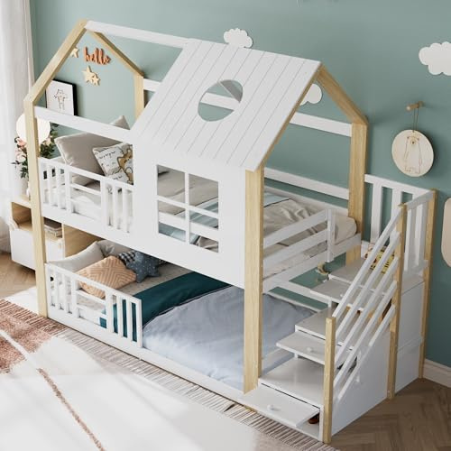 RIAZOS Kinderbett Hausbett 90x200 Etagenbett für 2 Kinder, Stauraumtreppe, Baumhaus Hochbett mit Fenster Funktionsbett Holzbett mit Rausfallschutz und Lattenrost, ohne Matratze
