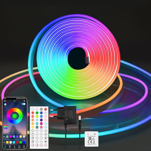 Oumida 5M RGB Neon LED Strip Lights, APP Steuerung/Fernbedienung, IP65 Wasserdichte LED Streifen, 24V Rgb LED band Neon Seil Lampe anwendbar auf Schlafzimmer, Raum, Außendekoration (5M)