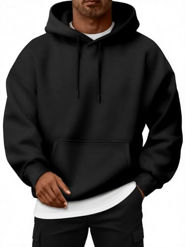 EFAN Mens Oversized Hoodies Fall Sweatshirt Winter Fleece Hooded Collar Drawstring Pullover With Pockets Black L