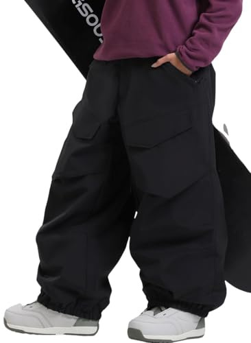 GSOU SNOW Mens Womens Ski Trousers Baggy Snowboard Trousers Oversized Snow Pants - Unisex Multi Pockets Waterproof Windproof Breathable Warm Black