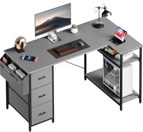 HLONONE Eckschreibtisch mit 3 Stoffschubladen, 120 x 78 cm Computertisch mit Stauraum, Schreibtisch L Form mit Seitentasche, PC Tisch mit Ablagefächer für Büro, Gaming und Home Office, Grau