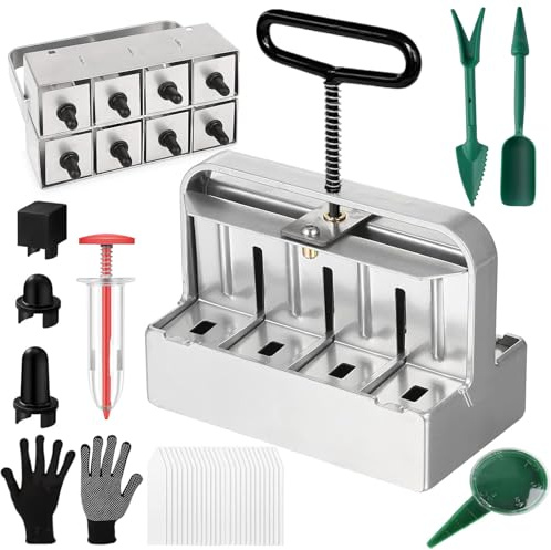 Manual Earth Bale Press, 8 Cell 2 Inch Manual Soil Block Maker, Soil Blocker Planting Tools, Hand-Held Floor Blocker 8 Grids, Floor Blocker Maker with Seeding Tool Sets Gloves, for Plant Growing