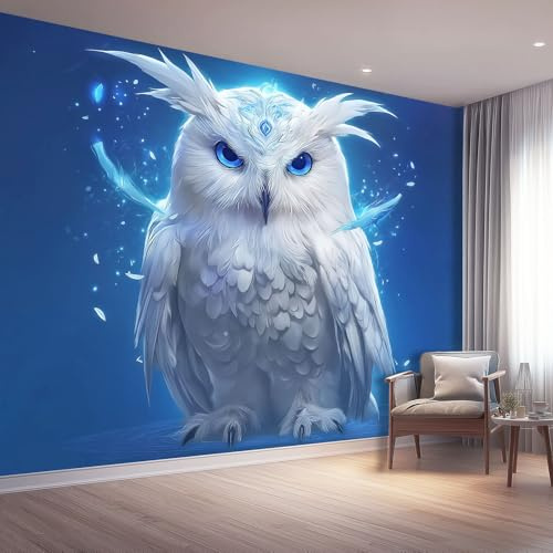 Fototapete Fantasie Vlies Tapeten 350 x 256 cm, Wandtapete Wohnzimmer Schlafzimmer Küche Dekoration Concealer, Blau Eule Federn