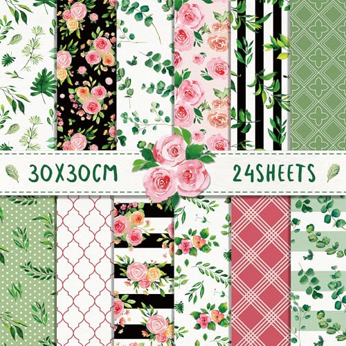 24 Blätt Scrapbook Papier Rose Blumen Designpapier,12 Designs Doppelseitige Bastelpapier Dekorpapier für Frühling Scrapbook Craft Origami Papier Journal Motivpapier DIY Fotoalbum,30x30CM