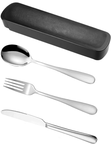 Cutlery Set with Case, Travel Cutlery Set for 1, Reusable Stainless Steel, Lunch Utensils with Fork Spoon Knife for Camping, Picnic School Office Flatware Set Mirror Polished Dishwasher Safe 3 PCS