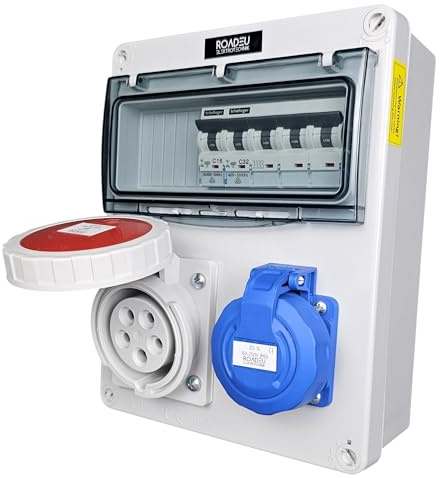 RoadEu Coffret de distribution IP65 CEE 32A 5P 400V & prise 230V 2P+T, coffret mural avec disjoncteurs C32A 4P + C16A 2P, prises à couvercle vissé