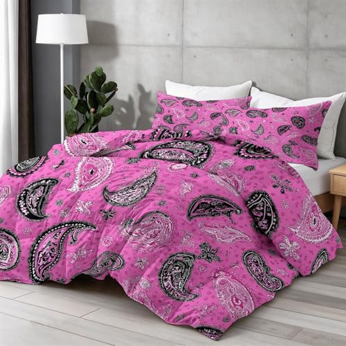 Paisley Påslakan utan överdrag 155 × 220 cm – abstrakt mönster elegant året runt täcke med 2 örngott 80 x 80, förstärkta sömmar, vändbart täcke, tvättbar, fyra säsonger sovtäcke, rosa svart vit