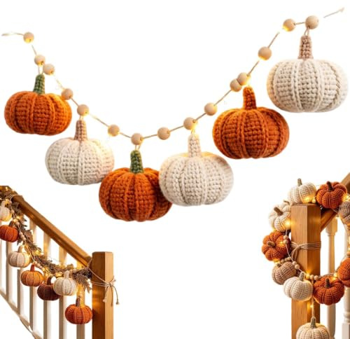 Pumpakrans Stickad Höstlig Krans För Öppen Spis I Lantlig Bondgårdsstil | Höstdekorationer för heminredning festligheter öppen spis skördetid lantlig helg utomhusbruk