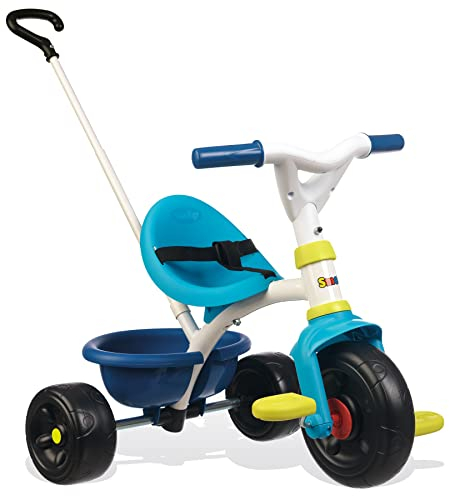 Smoby – Be Fun Dreirad blau – Kinderdreirad mit Schubstange, Sitz mit Sicherheitsgurt, Metallrahmen, Pedal-Freilauf, für Kinder ab 15 Monaten