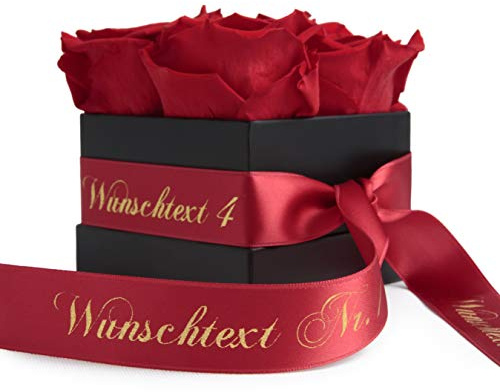 Infinity Rosenbox mit Wunschtext 4 infinity Rosen haltbar 3 Jahre - personalisiert (Rot)