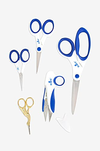 DMC - Set forbici multiuso | 5 paia - Forbici per ricamo, cucito, bricolage e uso quotidiano | Tagliafilo | Forbici cicogna placcate oro - Lame in acciaio - Impugnatura morbida