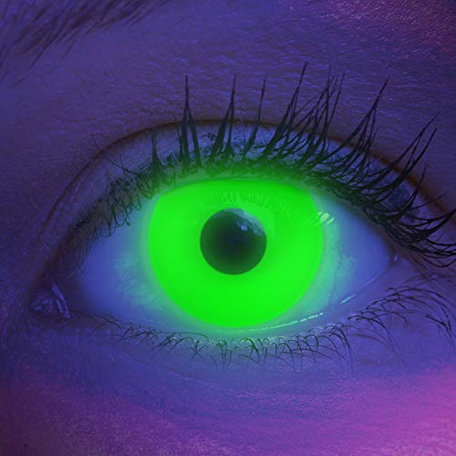 Farbige UV Kontaktlinsen 1 Paar Grüne Schwarzlicht Glow Green Neon Farblinsen. Jahreslinsen Topqualität zu Halloween, Fasching, Fastnacht, Karneval inkl. Kontaktlinsenbehälter - Ohne Stärke